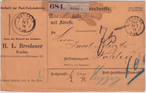 DR - Breslau PA1 22.7.75 unfrankierte Paketkarte i.d. SCHWEIZ n. Wohlen
