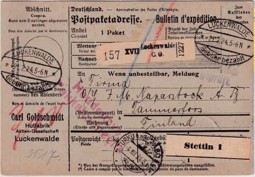 DR - Luckenwalde 1924 Gebühr bezahlt Paketkarte/Selbstbucher n. FINNLAND