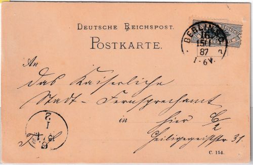 DR - Berlin SO16 1887 Telegraphensache/Ortskarte m. Vignette