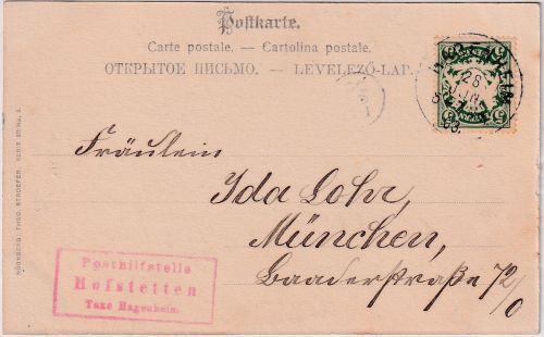 Bayern - Hofstetten T. Hagenheim roter Posthilfstellen-Ra3 Karte n. München 1903