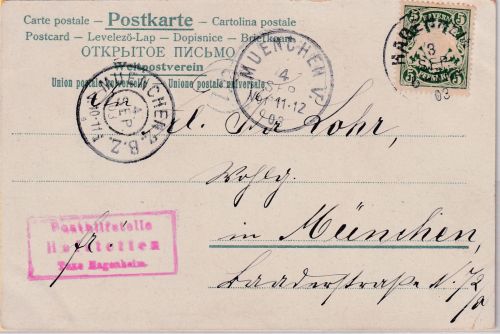 Bayern - Hofstetten T. Hagenheim roter Posthilfstellen-Ra3 Karte n. München 1903