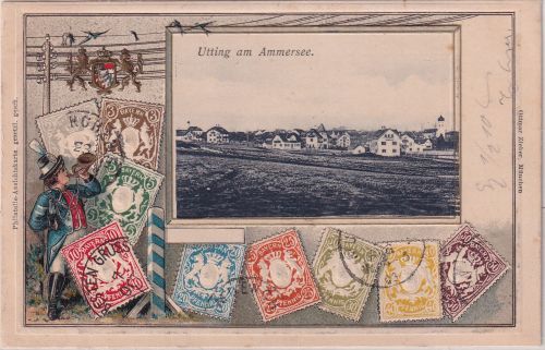 Bayern - Utting a. Ammersee Briefmarken-Passepartout-AK gelaufen 1906