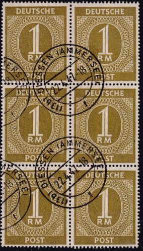 All.Bes. - 1 M. Ziffer 6er-Block gestempelt (13b) Diessen (am Ammersee) 22.4.47