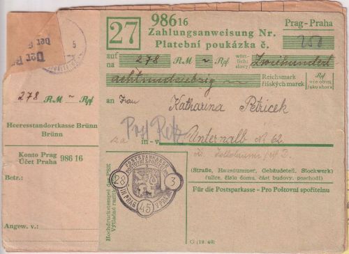 B&M - Prag Postsparkasse Zahlungsanweisung n. Unternalb 28.3.45 Überroller