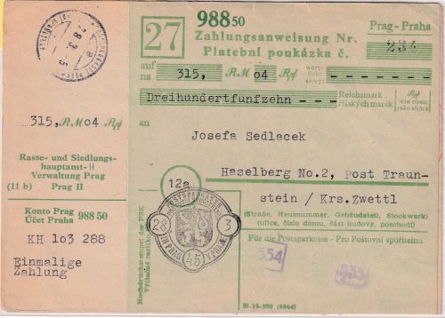 B&M - Prag Postsparkasse Zahlungsanweisung n. Traunstein/AT 28.3.45 Überroller