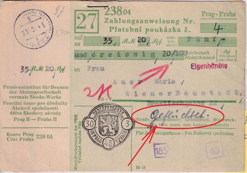 B&M - Prag Postsparkasse Zahlungsanweisung n. Wiener Neustadt 30.3.45 Überroller