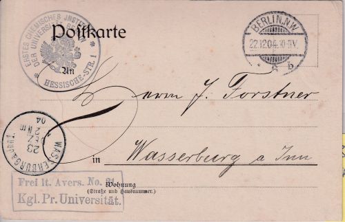 DR - Berlin NW6 1904 Frei lt. Avers No.21 (Universität) Karte n. Wasserburg a.I.