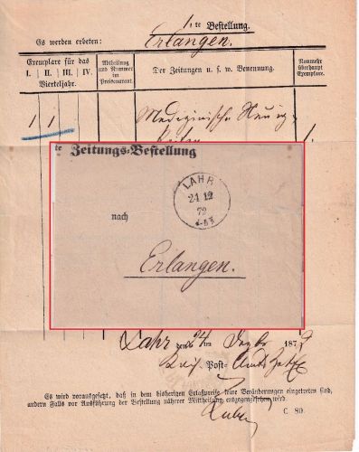 DR - Lahr 24.12.72 K1 Zeitungsbestellung n. Erlangen - mit Inhalt