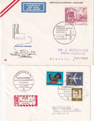 BRD - AUA Erstflug Klagenfurt München/München Klagenfurt 14.5.65 2 Belege