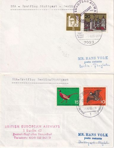BRD - BEA Viscount Erstflug Stuttgart Berlin/Berlin Stuttgart 1.6.65 2 Belege