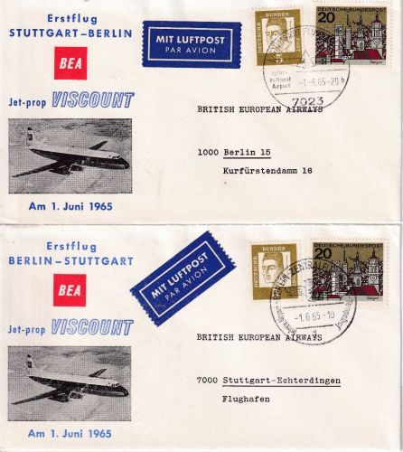 BRD - BEA Viscount Erstflug Stuttgart Berlin/Berlin Stuttgart 1.6.65 2 Belege