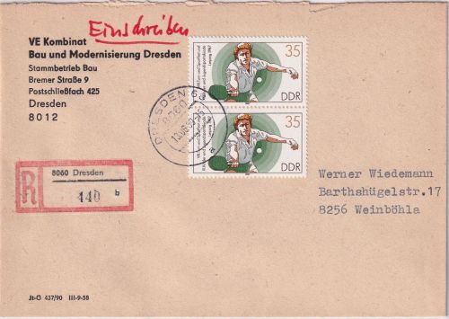 DDR - 2x35 Pfg. Tischtennis Einschreibebrief Dresden - Weinböhla 13.6.89