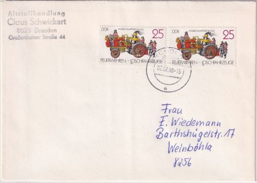 DDR - 2x25 Pfg. Feuerwehr Brief Dresden - Sinsheim 2.7.90
