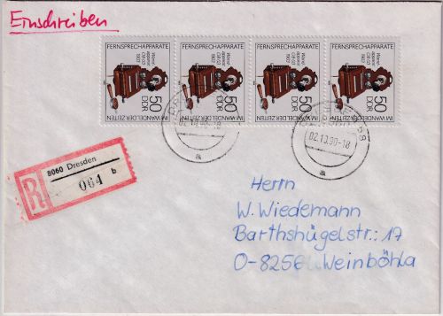 DDR - 4x50 Pfg. Telefon Einschreibebrief Dresden - Weinböhla 2.10.90