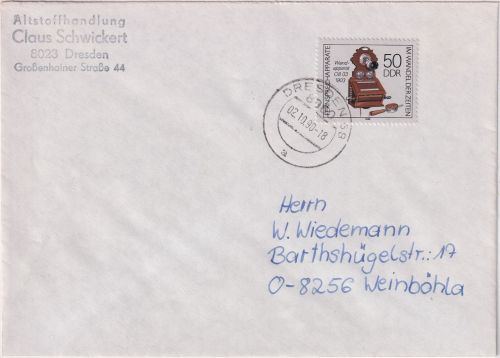 DDR - 50 Pfg. Telefon Brief Dresden - Weinböhla 2.10.90