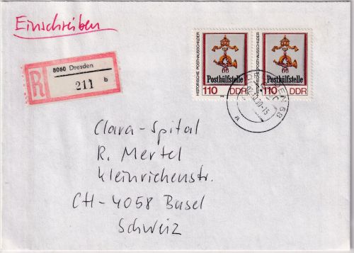 DDR - 2x110 Pfg. Posthausschilder Einschreibebrief i.d. SCHWEIZ Dresden 2.10.90