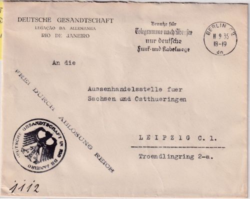 DR - Dt. Gesandtschaft in Rio de Janeiro Brief Berlin 1936 Frei d. Ablösung