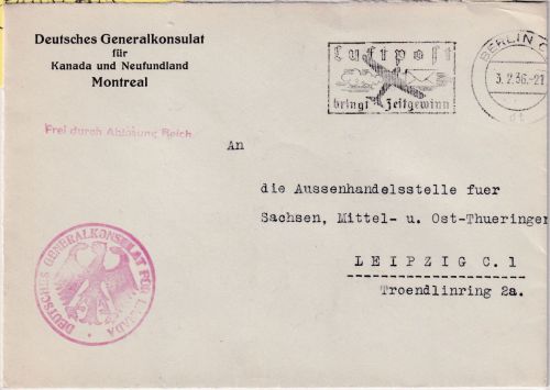 DR - Dt. Generalkonsulat Kanada u Neufundland Brief Berlin 1936 Frei d. Ablösung