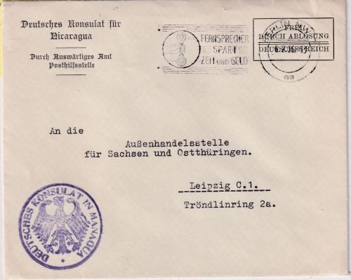 DR - Dt. Konsulat f. Nicaragua Brief/Frei d. Ablösung Berlin - Leipzig 1936