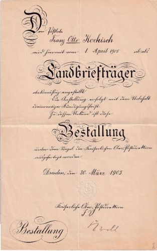 DR - Dresden 1905 Bestallungsurkunde f. Landbriefträger der OPD Dresden