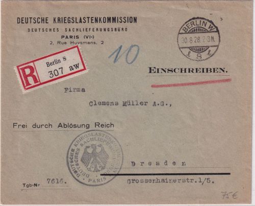 DR - Berlin W8 1928 Frei d. Ablösung/Einschreibebrief Dt. Kriegslastenkommission