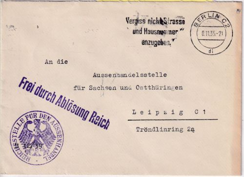 DR - Dt. Konsulat Turin Brief/Frei d. Ablösung Berlin - Leipzig 1935