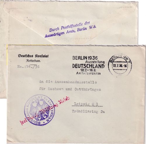 DR - Deutsches Konsulat Rotterdam Brief/Frei d. Ablösung n. Leipzig 1936