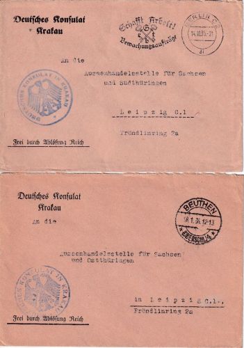 DR - Deutsches Konsulat Krakau Brief/Frei d. Ablösung Berlin/Beuthen 1935/36
