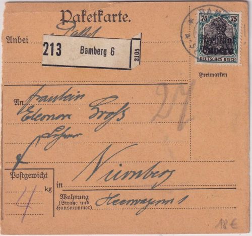 Bayern - 75 Pfg. Germania/Freistaat Paketkarte Bamberg 6 - Nürnberg 20. JAN 20