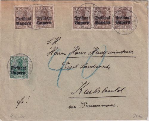 Bayern - 5x3+5 Pfg. Germania/Freistaat Brief Mühldorf Karlshuld 4.2.20 Nachporto