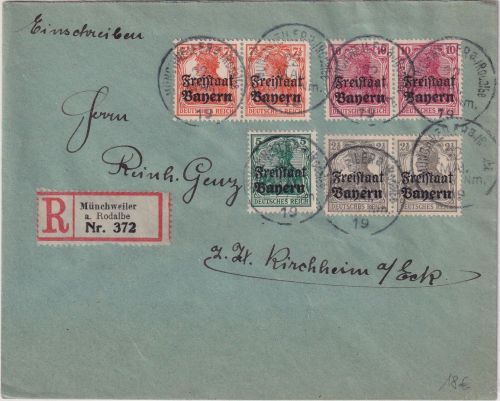 Bayern Germania/Freistaat "Pfalz-Ausg." Einschreibebrief Münchweiler 22. MAI 19