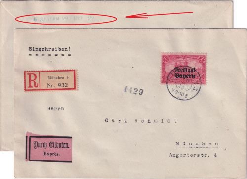 Bayern - 1 M Reichspostamt/Freistaat Orts-Eil-Einschreibebrief München 29.JAN 20