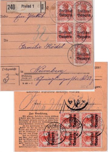 Bayern - 10x7 1/2 Pfg. Germania/Freistaat Paketkarte Pfreimd Nürnberg 24. JAN 20