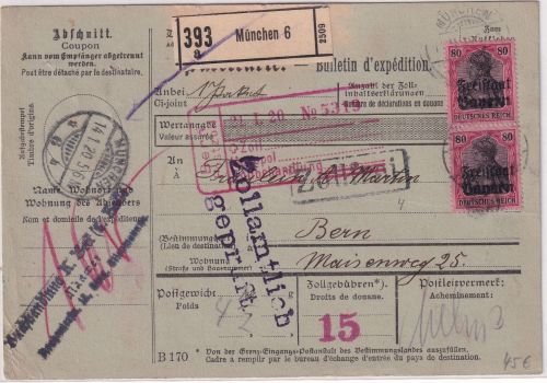Bayern - 2x80 Pfg. Germania/Freistaat Paketkarte i.d. SCHWEIZ München 6 14.1.20