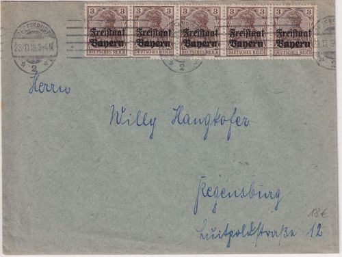 Bayern - 5x3 Pfg. Germania/Freistaat Ortsbrief bis 20g Regensburg 23.10.19