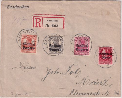 Bayern - 10 Pfg. Germania/Freistaat "Pfalz-Ausg." u.a. Einschreibebrief 3.JUN 19