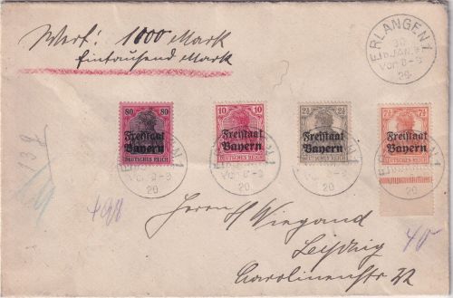 Bayern - 80 Pfg. Germania/Freistaat u.a. Wertbrief Erlangen - Leipzig 30.JAN 20