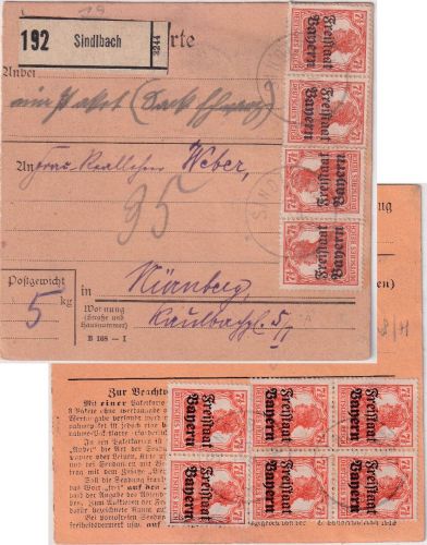 Bayern - 10x7 1/2 Pfg. Germania/Freistaat Paketkarte Sindlbach Nürnberg 27.1.20