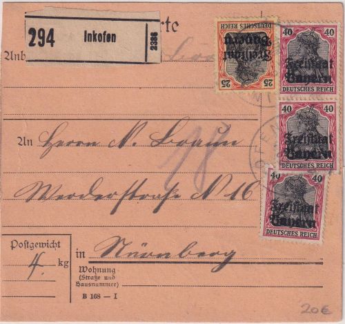 Bayern - 3x40+25 Pfg. Germania/Freistaat Paketkarte Inkofen - Nürnberg 20.1.20