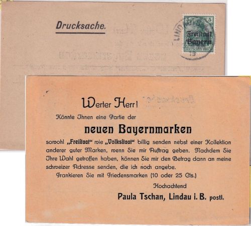 Bayern - 5 Pfg. Germania/Freistaat Drucksache i.d. SCHWEIZ Lindau 29. OCT 19
