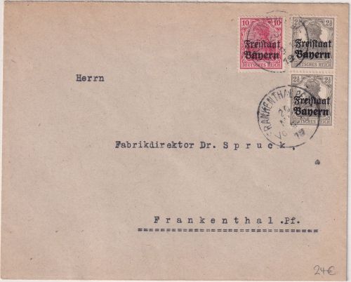 Bayern - 10+2x2 1/2 Pfg. Germania/Freistaat Ortsbrief Frankenthal 20. MAI 1919