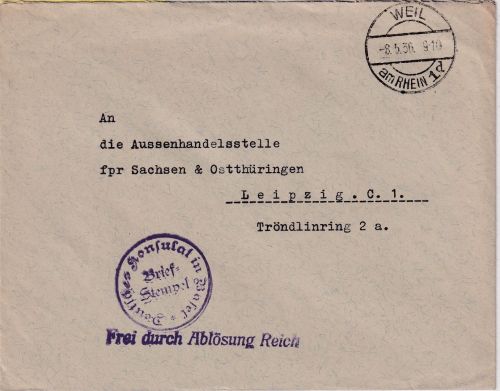 DR - Deutsches Konsulat Basel Brief/Frei d. Ablösung Weil a/Rhein - Leipzig 1936
