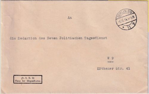 DR - Berlin SW 11 1914 Frei d. Ablösung No.21 (Abgeordnetenhaus) Ortsbrief