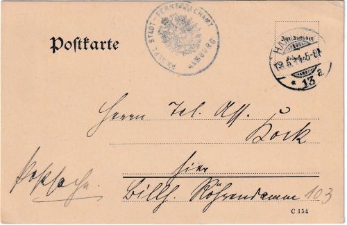 DR - Hamburg 13 1911 Postsache/Ortskarte Siegelstpl. Kais. Stadt-Fernsprechamt