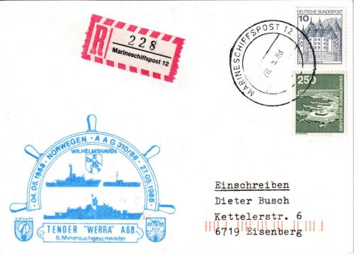 BRD - Marineschiffspost 12 Tender Werra AAG 310/88 Einschreibekarte 1988