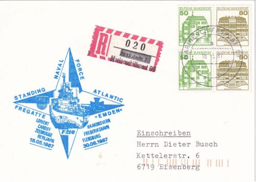 BRD - Marineschiffspost 09 Fregatte Emden Einschreibekarte 1987