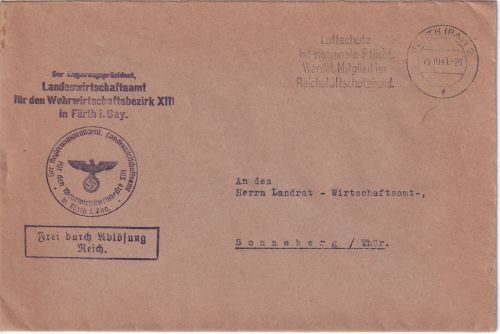 DR - Fürth 1941 Frei d. Ablösung (Landwirtschaftsamt WWB XIII) Brief n Sonneberg