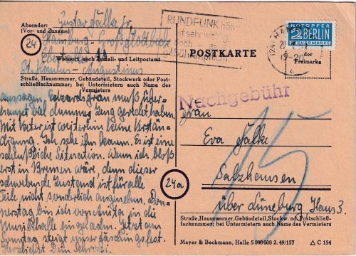 BRD - 2 Pfg. Notopfer unfrankierte Postkarte Hamburg - Salzhausen 1951 Nachporto