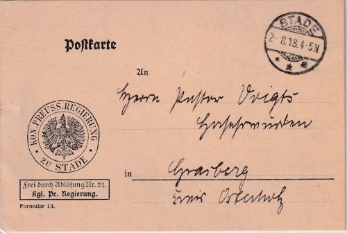 DR - Stade 1918 Frei d. Ablösung Nr.21 (Kgl. Pr. Regierung) Karte n. Grasberg