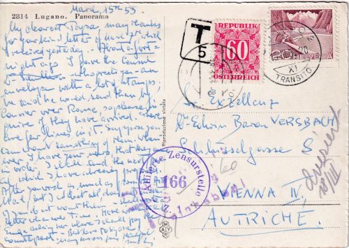 Schweiz - 20 Rp. Freimarke Zensurkarte n. ÖSTERREICH Chiasso 1953 Nachporto